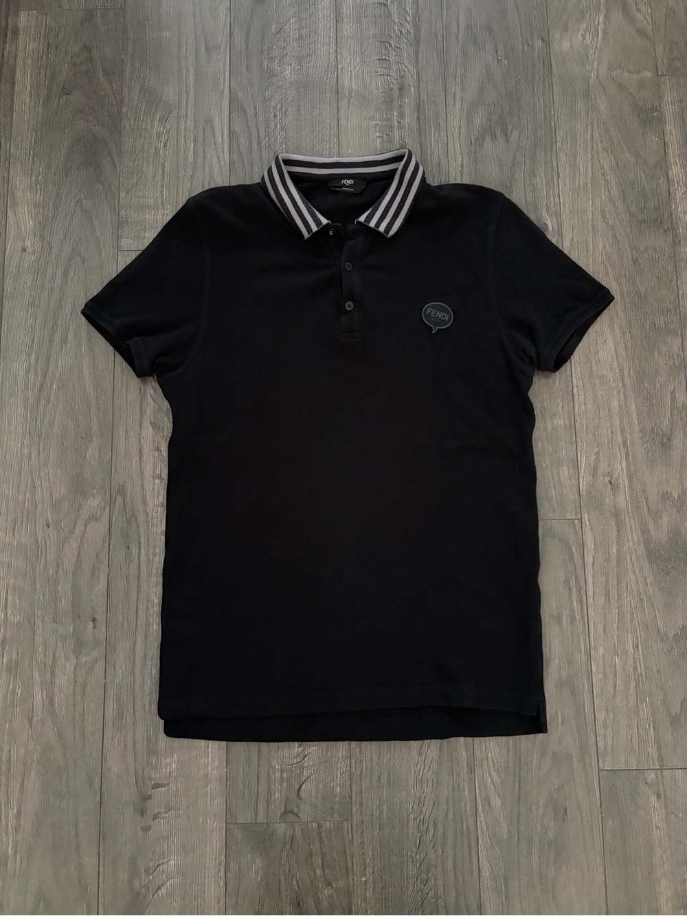Fendi Black Piqué Polo with Rubber Logo Patch and Striped Collar Size 50